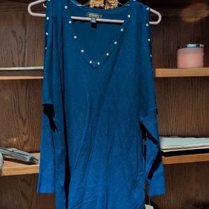 Blue Sweater with Pearl Accents